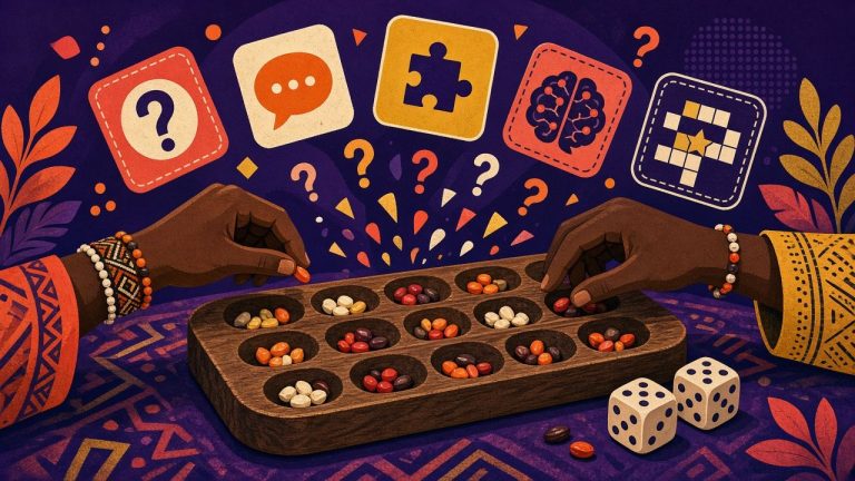 Illustration of hands playing bao with colourful quiz cards above the board