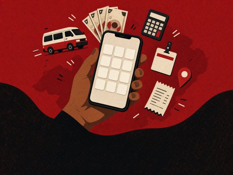 Illustration of a phone surrounded by a minibus, banknotes and a calculator