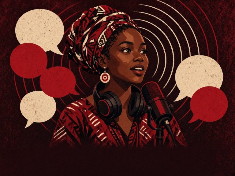 Illustration of a Malawian woman speaking into a studio microphone