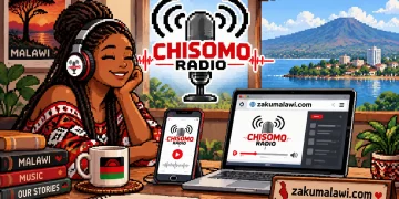 Pixel-art cover: a woman with headphones smiling at a desk with the Chisomo Radio logo on her phone and laptop, Lake Malawi behind her
