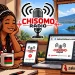 Pixel-art cover: a woman with headphones smiling at a desk with the Chisomo Radio logo on her phone and laptop, Lake Malawi behind her