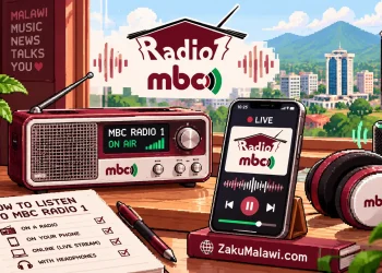 How to listen to MBC Radio 1 Malawi: radio, phone and headphones on a desk with the Radio 1 and MBC logos