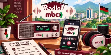 How to listen to MBC Radio 1 Malawi: radio, phone and headphones on a desk with the Radio 1 and MBC logos