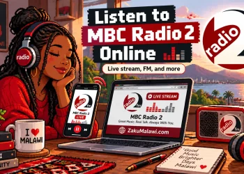 Pixel art of a woman in headphones listening to MBC Radio 2FM on a phone and laptop, with Lake Malawi behind her