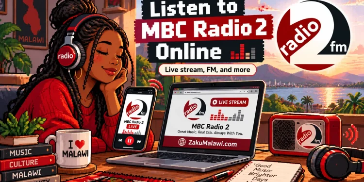 Pixel art of a woman in headphones listening to MBC Radio 2FM on a phone and laptop, with Lake Malawi behind her