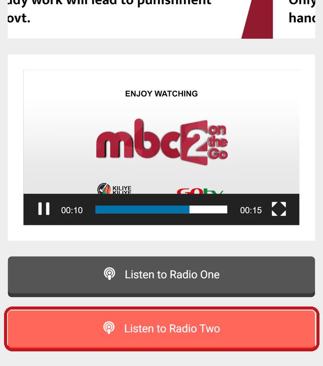 MBC website on a phone with the red Listen to Radio Two button circled