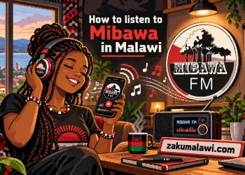 Pixel-art cover: a woman with headphones listening to Mibawa FM on her phone, with the Mibawa logo and a radio