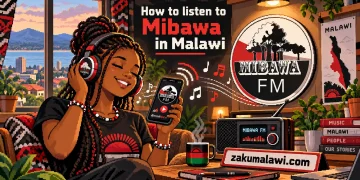 Pixel-art cover: a woman with headphones listening to Mibawa FM on her phone, with the Mibawa logo and a radio