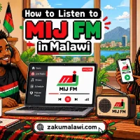 Pixel-art cover: two listeners with headphones tuning in to MIJ FM on a laptop, phone and radio, with Blantyre and Malawi flag colours