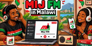 Pixel-art cover: two listeners with headphones tuning in to MIJ FM on a laptop, phone and radio, with Blantyre and Malawi flag colours