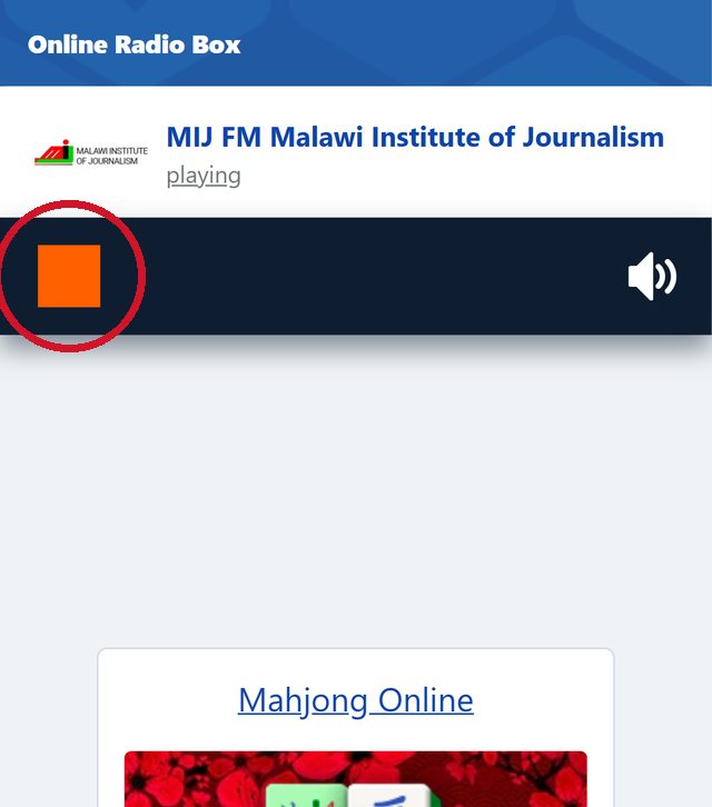 How to Listen to MIJ FM Live: Online Stream and FM Frequencies 3 MIJ FM playing in the Online Radio Box player, with the orange stop button circled
