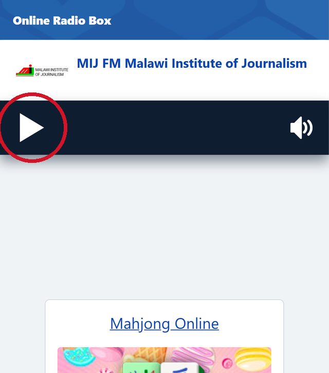 How to Listen to MIJ FM Live: Online Stream and FM Frequencies 2 MIJ FM in the Online Radio Box player on a phone with the play button circled
