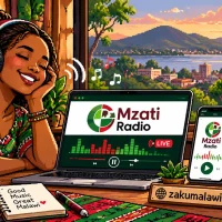 Pixel art of a woman in headphones listening to Mzati Radio live on a laptop and phone, with a mountain and town view behind her