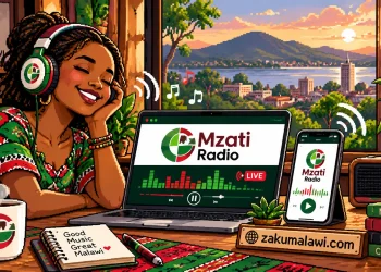 How to Listen to Mzati Radio Live: Online Stream and FM Frequencies 17 Pixel art of a woman in headphones listening to Mzati Radio live on a laptop and phone, with a mountain and town view behind her