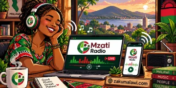 Pixel art of a woman in headphones listening to Mzati Radio live on a laptop and phone, with a mountain and town view behind her