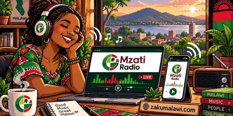 Pixel art of a woman in headphones listening to Mzati Radio live on a laptop and phone, with a mountain and town view behind her