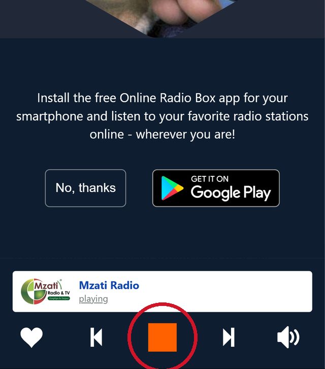 Mzati Radio playing on Online Radio Box, with the orange stop button circled