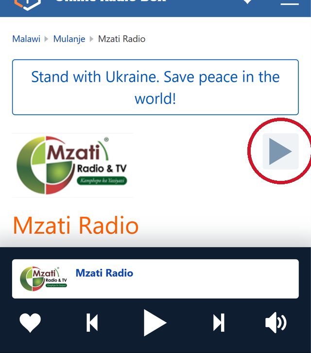Mzati Radio on the Online Radio Box page on a phone, with the play button circled