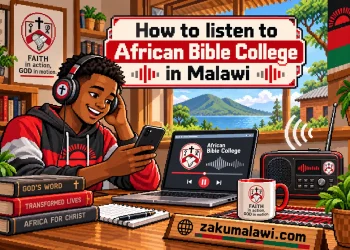 How to listen to African Bible College radio in Malawi: cover art with a listener, phone, laptop and radio