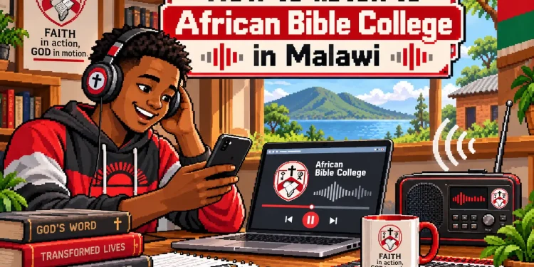 How to Listen to Radio ABC (African Bible College) Live: Online Stream and FM Frequencies 1 How to listen to African Bible College radio in Malawi: cover art with a listener, phone, laptop and radio