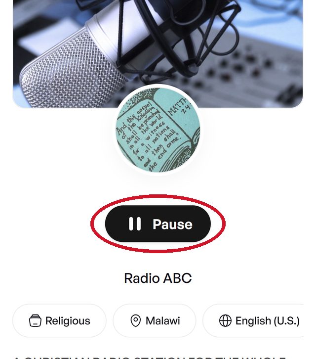 How to Listen to Radio ABC (African Bible College) Live: Online Stream and FM Frequencies 3 Radio ABC playing on Zeno.fm in the phone browser, with the Pause button circled