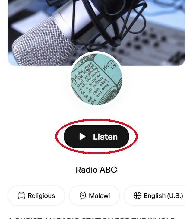 How to Listen to Radio ABC (African Bible College) Live: Online Stream and FM Frequencies 2 Radio ABC page on Zeno.fm on a phone with the Listen button circled