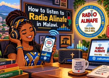 How to listen to Radio Alinafe in Malawi: a listener with headphones and a phone playing Radio Alinafe on 104.0 and 104.2 MHz