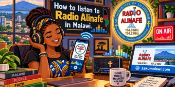 How to listen to Radio Alinafe in Malawi: a listener with headphones and a phone playing Radio Alinafe on 104.0 and 104.2 MHz