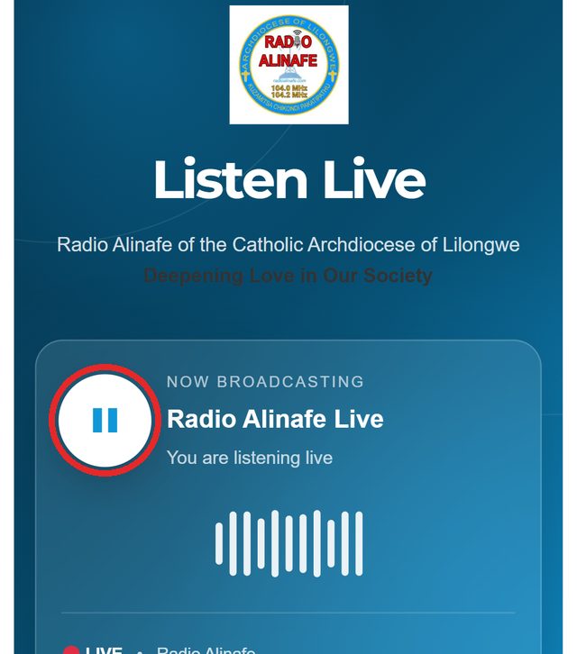 How to Listen to Radio Alinafe Live: Online Stream, FM Frequencies and Schedule 3 Radio Alinafe playing in the phone browser, with the pause button circled