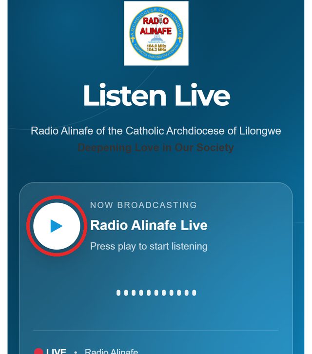 How to Listen to Radio Alinafe Live: Online Stream, FM Frequencies and Schedule 2 Radio Alinafe Listen Live page on a phone with the play button circled