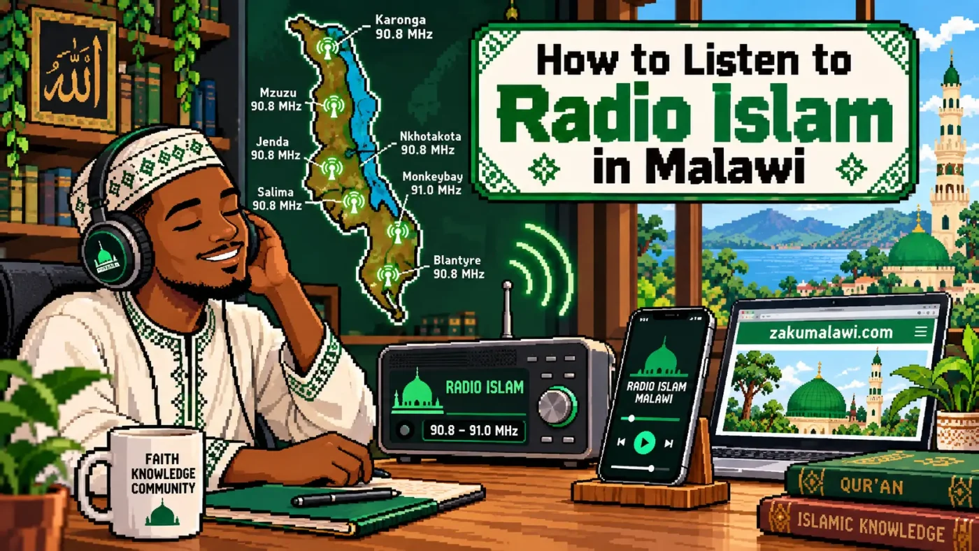 How to listen to Radio Islam in Malawi: listener with headphones, FM radio, phone and laptop