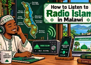 How to listen to Radio Islam in Malawi: listener with headphones, FM radio, phone and laptop