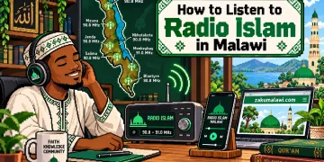 How to listen to Radio Islam in Malawi: listener with headphones, FM radio, phone and laptop