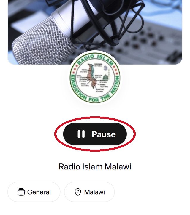 How to Listen to Radio Islam Malawi Live: Online Stream and FM Frequencies 3 Radio Islam Malawi playing on Zeno.fm in the phone browser, with the Pause button circled