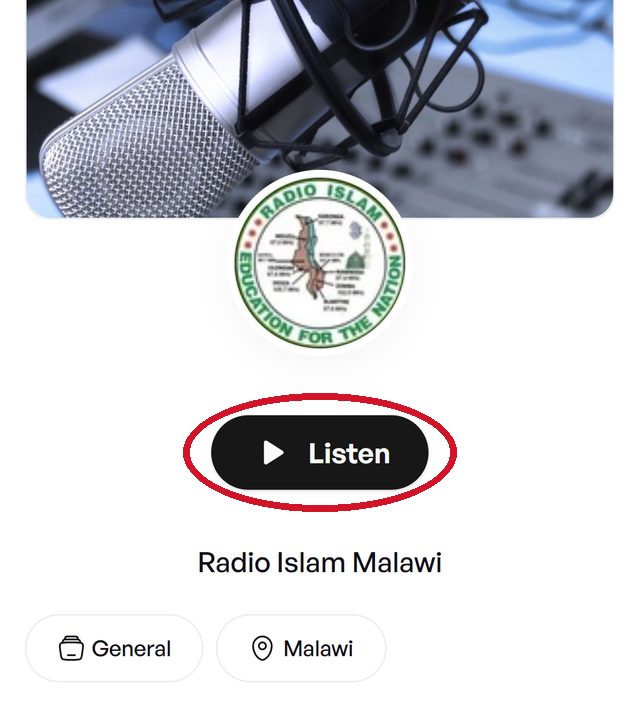 How to Listen to Radio Islam Malawi Live: Online Stream and FM Frequencies 2 Radio Islam Malawi page on Zeno.fm on a phone with the Listen button circled