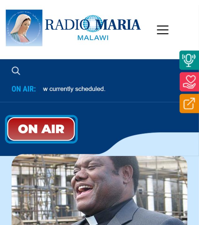 How to Listen to Radio Maria Malawi: Live Online, FM Frequencies and More 2 Radio Maria Malawi website on a phone with the red ON AIR button circled