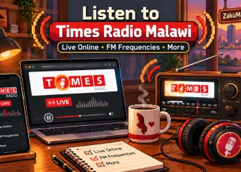 Pixel art cover: Listen to Times Radio Malawi, with a phone, laptop and FM radio showing the Times Radio logo