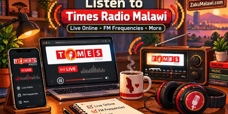 How to Listen to Times Radio Malawi: Live Online, FM Frequencies and More 1 Pixel art cover: Listen to Times Radio Malawi, with a phone, laptop and FM radio showing the Times Radio logo