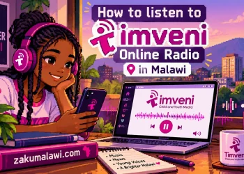 Pixel-art cover: a young woman with headphones listens to Timveni Online Radio on her phone and laptop, Malawi city skyline behind