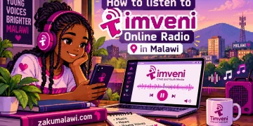 Pixel-art cover: a young woman with headphones listens to Timveni Online Radio on her phone and laptop, Malawi city skyline behind