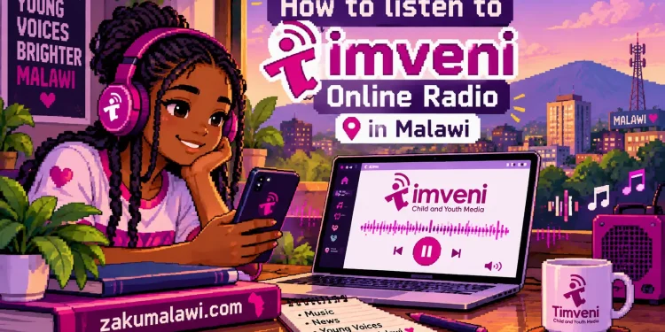 How to Listen to Timveni Radio (Timveni Online): Live Stream, FM Frequencies and More 1 Pixel-art cover: a young woman with headphones listens to Timveni Online Radio on her phone and laptop, Malawi city skyline behind
