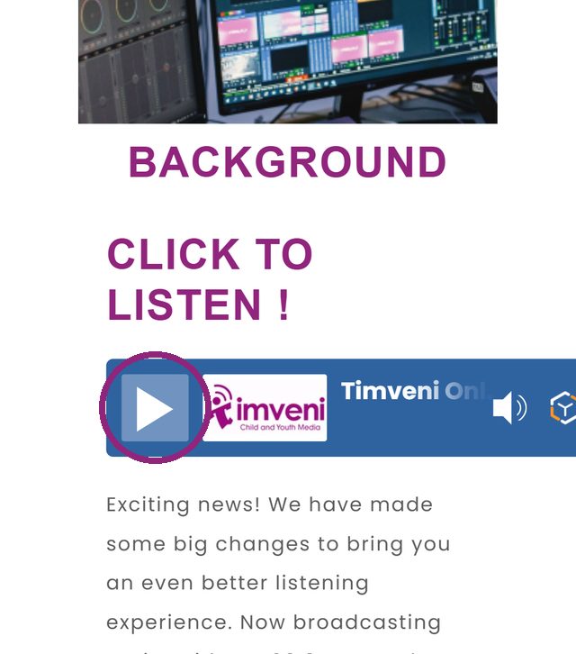 How to Listen to Timveni Radio (Timveni Online): Live Stream, FM Frequencies and More 2 Timveni Radio page on a phone with the play button on the Timveni Online player circled