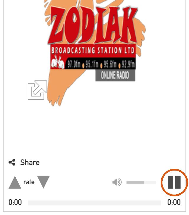 Zodiak online radio player playing, with the pause button circled