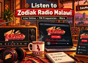 Listen to Zodiak Radio Malawi: radio, laptop and phone showing the Zodiak live player