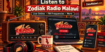 Listen to Zodiak Radio Malawi: radio, laptop and phone showing the Zodiak live player