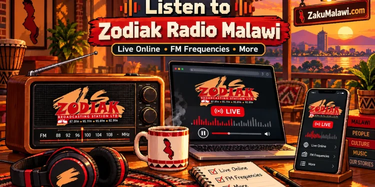 Listen to Zodiak Radio Malawi: radio, laptop and phone showing the Zodiak live player