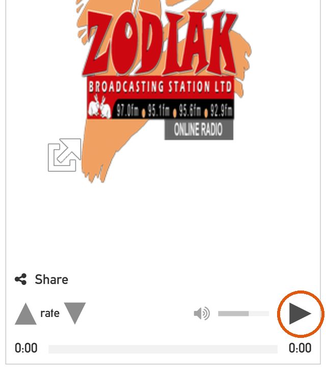 Zodiak online radio player on a phone with the play button circled